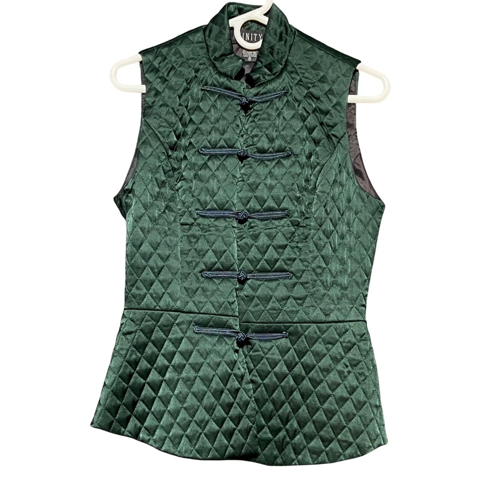 Vintage Finity Mandarin Vest Women's Size 4 Green Diamond Quilted Silk‎ 90s
